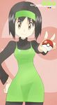  alternate_costume black_hair brown_eyes character_name copyright_name erika_(pokemon) hairband hand_on_hip highres holding holding_poke_ball pantyhose poke_ball poke_ball_(generic) pokemon solo souji v wide_hips 