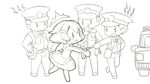  1girl 3boys artist_request car chain chibi commentary cuffs dress english_commentary ground_vehicle hair_ornament hairclip handcuffs hands_on_hips hat monochrome motor_vehicle multiple_boys police project_phoenix ruffles_(project_phoenix) tears |_| 