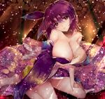  ayane_(doa) breasts cleavage dead_or_alive headband huge_breasts japanese_clothes kimono light_particles long_sleeves modern_afro no_panties obi open_mouth purple_hair red_eyes sash short_hair sitting solo sunlight wariza wide_sleeves 