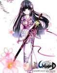  black_hair branch cherry_blossoms cozy_(koko9037) floral_print flower geta hair_flower hair_ornament hime_cut japanese_clothes katana kimono long_hair purple_eyes solo sword tabi unleashed weapon 