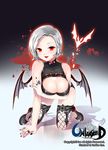  all_fours bad_id bad_pixiv_id bat bat_wings blood blood_splatter blush breasts cleavage collar demon_girl fishnet_legwear fishnets ice_(ice_aptx) jewelry lace large_breasts lips nail_polish red_eyes ring shadow short_hair silver_hair slit_pupils solo spiked_collar spikes succubus thighhighs unleashed wings 