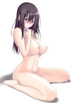  barefoot black_hair blush breasts full_body hand_on_own_chest large_breasts long_hair looking_at_viewer muffin_(sirumeria) navel nipples nude original red_eyes simple_background sitting solo wariza white_background 