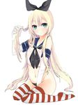  black_panties blonde_hair blush elbow_gloves gloves green_eyes hairband highleg highleg_panties highres kantai_collection long_hair looking_at_viewer navel panties see-through shimakaze_(kantai_collection) simple_background sitting solo striped striped_legwear thighhighs tsumugi_touto underwear white_background white_gloves 