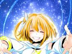  bad_id bad_pixiv_id blonde_hair blush closed_eyes facing_viewer grin highres kagerou_project kisaragi_momo negoto outstretched_arms short_hair sky smile solo star_(sky) starry_sky 