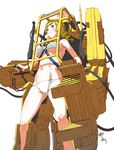  80s aliens bikini blonde_hair breasts drill_hair exoskeleton large_breasts long_hair mahou_shoujo_madoka_magica mecha navel oldschool oono_tsutomu power_loader power_suit signature smile solo swimsuit tomoe_mami underboob white_bikini yellow_eyes 