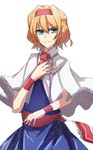  alice_margatroid ashiwara_yuu blonde_hair blue_eyes capelet hair_ribbon necktie ribbon short_hair solo touhou wristband 