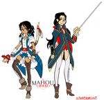  2girls artist_name ashley_ann_swaby assassin's_creed_(series) assassin's_creed_iii black_hair boots breasts brown_eyes cleavage clenched_hand commentary connor_kenway copyright_name dark_skin dated genderswap hair_ribbon haytham_kenway high_heels jewelry logo long_hair magical_girl multiple_girls necklace parody ribbon signature simple_background smile thigh_boots thighhighs tomahawk white_background 