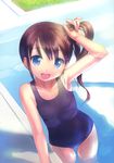  :d absurdres blue_eyes brown_hair bunching_hair from_above highres long_hair looking_at_viewer looking_up one-piece_swimsuit open_mouth original pool poolside school_swimsuit side_ponytail smile solo swimsuit takoyaki_(roast) water wet 
