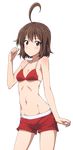  ahoge andou_natsuki arm_at_side arm_up bikini bikini_shorts blush breasts brown_eyes brown_hair cleavage cowboy_shot highres kitakubu_katsudou_kiroku looking_at_viewer midiman midriff navel red_bikini red_bikini_top short_hair shorts small_breasts solo standing sweatdrop swimsuit transparent_background 