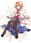  alice_margatroid ashiwara_yuu black_legwear blonde_hair blue_eyes book book_hug boots capelet cross-laced_footwear holding holding_book lace-up_boots pantyhose short_hair solo touhou 