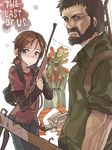  1girl :t bad_id bad_pixiv_id beard brown_hair clicker_(the_last_of_us) copyright_name double_v ellie_(the_last_of_us) facial_hair gun joel_(the_last_of_us) long_sleeves molotov_cocktail open_mouth osuman_toruko rifle shirt short_over_long_sleeves short_sleeves t-shirt the_last_of_us v weapon 