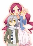  1girl blush chiroru_(7450n) grey_hair hanasaki_tsubomi heartcatch_precure! long_hair looking_at_viewer olivier_(heartcatch_precure!) open_mouth pink_eyes pink_hair precure scarf short_hair twintails yellow_eyes 