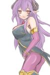  breasts demon_girl elbow_gloves flanker gloves highres horns large_breasts necktie pantyhose purple_hair puzzle_&amp;_dragons red_eyes solo wicked_lady_(p&amp;d) 