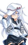  hammer_and_sickle hat hat_tip hibiki_(kantai_collection) highres kantai_collection long_hair okitakung solo star thighhighs verniy_(kantai_collection) white_eyes white_hair 