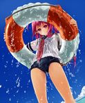  blush dripping grin hair_ribbon i-168_(kantai_collection) innertube kantai_collection long_hair looking_at_viewer one-piece_swimsuit ponytail red_eyes red_hair ribbon school_swimsuit school_uniform serafuku smile solo swimsuit swimsuit_under_clothes takanashi water water_drop wet wet_clothes 