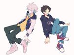  bad_id bad_twitter_id brown_hair casual denim grey_hair hood hoodie ikari_shinji jacket jeans legs_folded letterman_jacket looking_at_another male_focus multiple_boys nagisa_kaworu neon_genesis_evangelion pants pikaro shoes smile sneakers white_background 