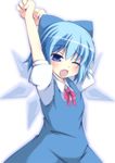  blue_eyes blue_hair blush bow cirno collared_shirt dress error fang hair_bow hair_ribbon ice ice_wings masiromu one_eye_closed open_mouth outstretched_arms puffy_sleeves ribbon shirt short_hair short_sleeves solo tears touhou wings yawning 