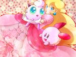  blonde_hair blue_eyes crown dress earrings gen_1_pokemon gloves hachimaru_(ediciusa) hug jewelry jigglypuff kirby kirby_(series) long_hair mario_(series) pink_dress pokemon pokemon_(creature) princess_peach smile super_mario_bros. super_smash_bros. 