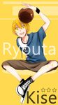  1boy basketball blonde_hair jacket kise_ryouta kuroko_no_basuke male male_focus open_mouth shoes sitting sneakers solo star yellow_eyes 