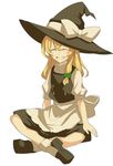  apron ashiwara_yuu blonde_hair hair_ribbon hat indian_style kirisame_marisa ribbon sitting smile solo touhou waist_apron witch_hat 