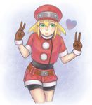  aokinoko_a bad_id bad_pixiv_id belt blonde_hair double_v gloves green_eyes hat heart red_shorts rockman rockman_dash roll_caskett shorts v 