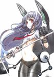  artist_name black_gloves black_legwear blue_hair blush fingerless_gloves gloves kantai_collection kuronuko_neero long_hair murakumo_(kantai_collection) navel panties pantyhose polearm red_eyes sketch solo thighband_pantyhose torn_clothes underwear very_long_hair weapon 