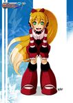  blonde_hair boots call_(mighty_no._9) call_f copyright_name dress green_eyes hands_on_thighs khaliqa_bell knee_boots leaning_forward long_hair mighty_no._9 multicolored multicolored_eyes ponytail robot robot_ears signature smile solo striped_sleeves very_long_hair 
