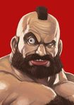  achako_(badendo) beard blue_eyes chest_hair face facial_hair lips male_focus mohawk muscle nose pectorals raised_eyebrow red_background shirtless simple_background solo street_fighter upper_body zangief 