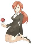  business_suit elite_four formal high_heels highres jacket kanna_(pokemon) kneeling no_eyewear pencil_skirt poke_ball pokemon ponytail red_eyes red_hair skirt skirt_suit solo souji suit 