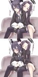  2koma ^_^ artist_name bad_id bad_pixiv_id black_hair black_legwear blush breast_grab checkered checkered_neckwear closed_eyes comic couch dress_shirt eyepatch fingerless_gloves fukai_ryousuke gloves grabbing hair_intakes highres hug hug_from_behind kantai_collection mechanical_halo multiple_girls necktie purple_eyes scowl shirt short_hair signature simple_background sitting smile tatsuta_(kantai_collection) tenryuu_(kantai_collection) thighhighs translated white_background yellow_eyes yuri 