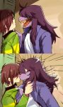  anthro blush chokaso_(artist) clothed clothing deltarune digital_media_(artwork) duo female hair human kissing kris_(deltarune) male mammal reptile scalie simple_background susie_(deltarune) video_games 