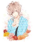  asahina_louis bad_id bad_pixiv_id blonde_hair brothers_conflict finger_to_mouth flower hair_over_one_eye hood hoodie long_hair male_focus smile solo yellow_eyes 