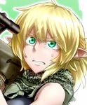  assault_rifle bare_shoulders blonde_hair bullpup didloaded eyelashes green_eyes gun mizuhashi_parsee out_of_frame pointy_ears ponytail rifle scarf solo steyr_aug sweatdrop touhou weapon 