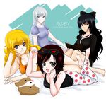  bad_id bad_pixiv_id black_hair blake_belladonna blonde_hair book bow breasts character_name copyright_name hair_bow jimauso long_hair medium_breasts multiple_girls night_clothes nightgown ponytail purple_eyes red_hair ruby_rose rwby scar short_hair sleep_mask smile weiss_schnee white_hair yang_xiao_long yellow_eyes 