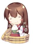  :t =_= akagi_(kantai_collection) blush_stickers bowl brown_hair chopsticks eating food food_on_face foodgasm hand_on_own_cheek kantai_collection long_hair lowres muneate ohitsu quiver rei_(rei's_room) rice rice_bowl rice_on_face seiza sitting smile solo 