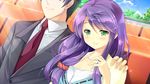 1boy 1girl blush daikou_wakako game_cg green_eyes koba_kazuomi koi_saku_miyako_ni_ai_no_yakusoku_wo_~annaffiare~ long_hair natsume_eri necktie purple_hair tie 