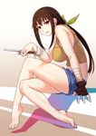  bandages barefoot blush breasts brown_hair crossed_legs feet fingerless_gloves gloves hachikuji_mayoi hair_ribbon highres kabukimonogatari knife large_breasts legs looking_at_viewer monogatari_(series) older ponytail red_eyes ribbon shorts sitting smile solo toes zhen_lu 