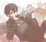  bad_id bad_pixiv_id black_eyes black_hair cake fingerless_gloves food fork gloves kirito muffin nyame oversized_object plate short_hair sword_art_online 