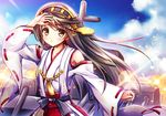  bare_shoulders black_hair brown_eyes cloud detached_sleeves fukase_ayaka hairband hand_on_forehead haruna_(kantai_collection) japanese_clothes kantai_collection long_hair ribbon-trimmed_sleeves ribbon_trim sky solo wide_sleeves 