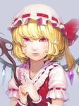  blonde_hair face fang flandre_scarlet hat hat_ribbon laevatein ninny-world puffy_short_sleeves puffy_sleeves red_eyes ribbon short_sleeves simple_background slit_pupils solo touhou vampire 