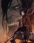  arieaesu black_hair dual_wielding emblem giant highres holding jacket mikasa_ackerman paradis_military_uniform rogue_titan scarf shingeki_no_kyojin short_hair survey_corps_(emblem) teeth three-dimensional_maneuver_gear 