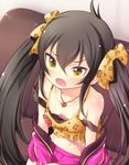  :o bare_shoulders black_hair collarbone couch downblouse flat_chest hair_ribbon idolmaster idolmaster_cinderella_girls jacket jewelry long_hair matoba_risa necklace nipple_slip nipples off_shoulder open_mouth pendant ribbon sitting solo strap_slip tilm twintails very_long_hair yellow_eyes 
