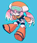 artist_request blue_background boots call_(mighty_no._9) dated full_body goggles goggles_on_head knee_boots long_hair mighty_no._9 pink_eyes pink_hair robot simple_background smile solo twintails 