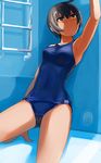  black_hair blue_eyes ladder looking_up lvi one-piece_swimsuit original school_swimsuit short_hair swimsuit very_short_hair 