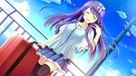  1girl blush braid braids cloud clouds daikou_wakako eyes_closed game_cg headband koi_saku_miyako_ni_ai_no_yakusoku_wo_~annaffiare~ long_hair natsume_eri purple_hair skirt sky thighhighs 