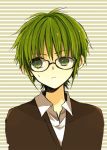  1boy anzu_(o6v6o) black-framed_eyewear collared_shirt frown genderswap genderswap_(ftm) glasses green_eyes green_hair gumiya male_focus shirt sideways_glance solo striped striped_background sweatdrop upper_body vocaloid 