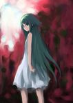  dress green_eyes green_hair highres johan_(johan13) long_hair looking_back saya saya_no_uta smile solo standing 