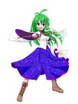  ahoge blue_dress blue_eyes boots cross-laced_footwear detached_sleeves dress full_body gohei green_hair highres kochiya_sanae lace-up_boots long_hair ofuda smile solo teitoku the_last_comer touhou transparent_background 