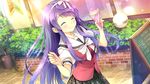  1girl blush bow braid braids daikou_wakako eyes_closed game_cg headband koi_saku_miyako_ni_ai_no_yakusoku_wo_~annaffiare~ long_hair natsume_eri purple_hair school_uniform seifuku skirt 