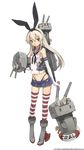  2013 :3 black_panties blonde_hair boots bow breasts cannon elbow_gloves full_body gloves grey_eyes grey_footwear hair_bow highleg highres kantai_collection long_hair microskirt midriff miniskirt navel official_art open_mouth panties pleated_skirt sailor_collar shimakaze_(kantai_collection) shizuma_yoshinori skirt small_breasts solo striped striped_legwear thighhighs transparent_background turret underwear white_gloves 